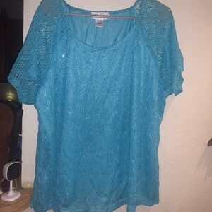 Cathy Daniels Teal Sparkle Open-Knit Short Sleeve Tunic